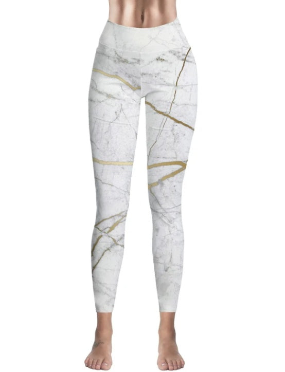 Stylish High Waist Marble Print Leggings with Golden Vein Detail