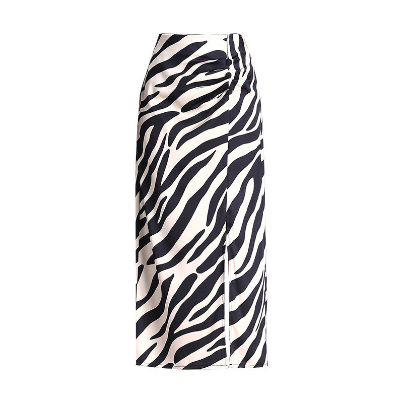 Chic High Waist Zebra Stripe Midi Skirt with Stylish Side Slit