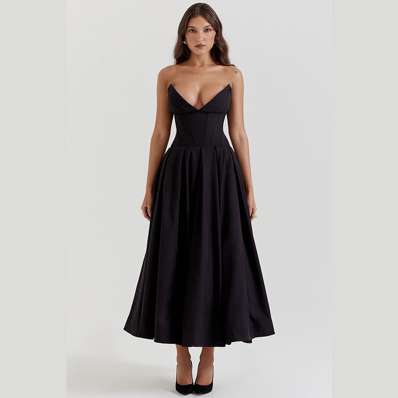 Elegant Strapless Corset Midi Dress - Evening & Party