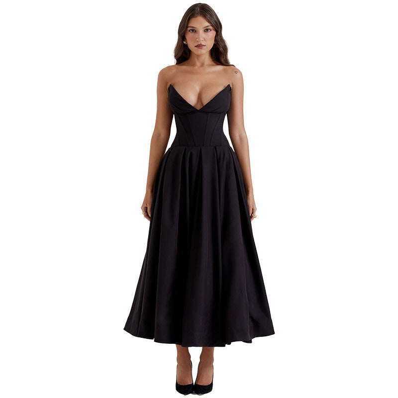 Elegant Strapless Corset Midi Dress - Evening & Party