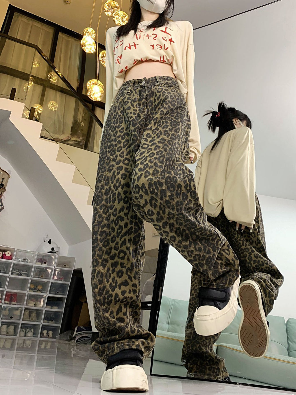 Trendy Leopard Print High-Waist Wide-Leg Denim Trousers