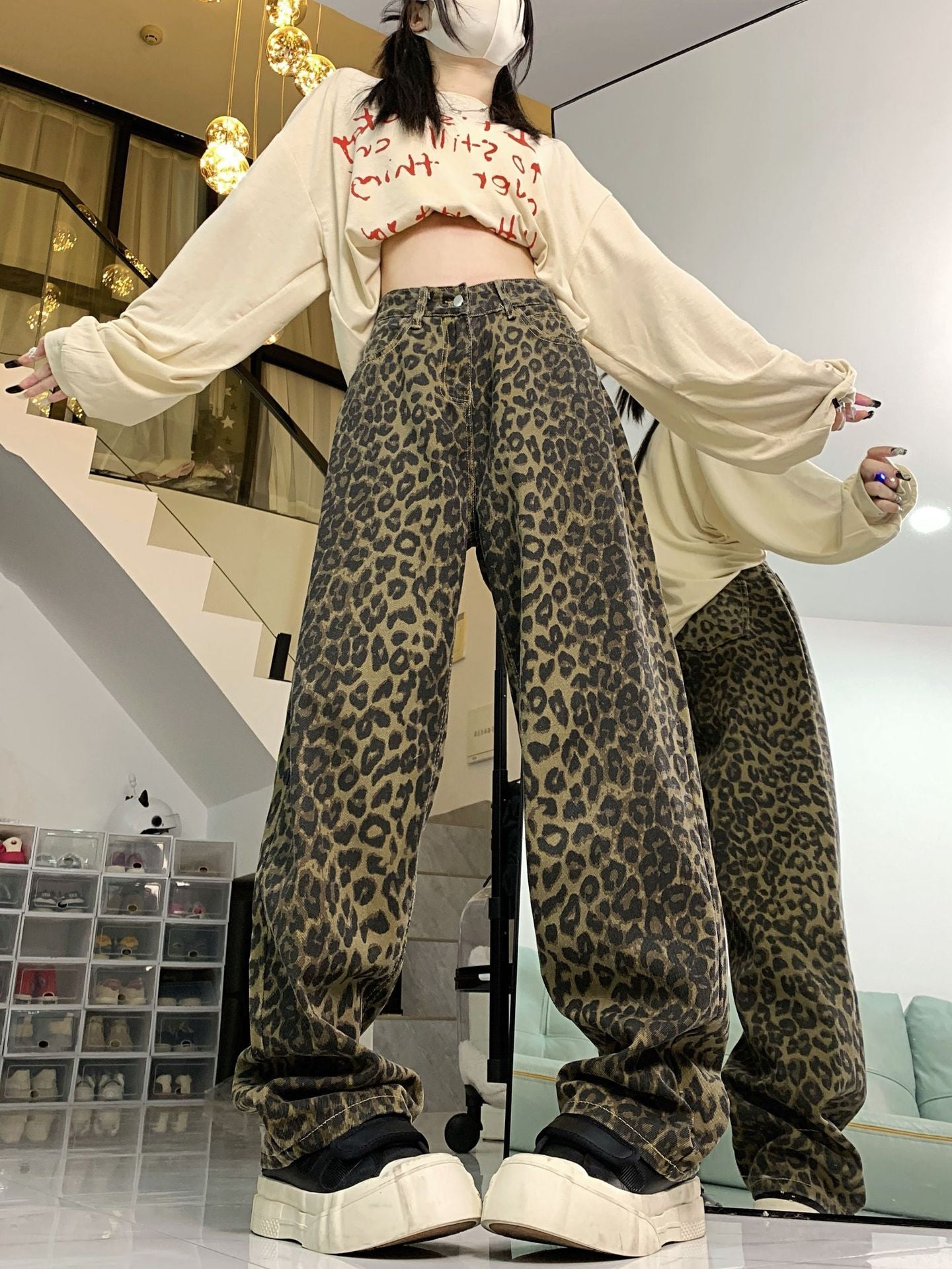 Trendy Leopard Print High-Waist Wide-Leg Denim Trousers