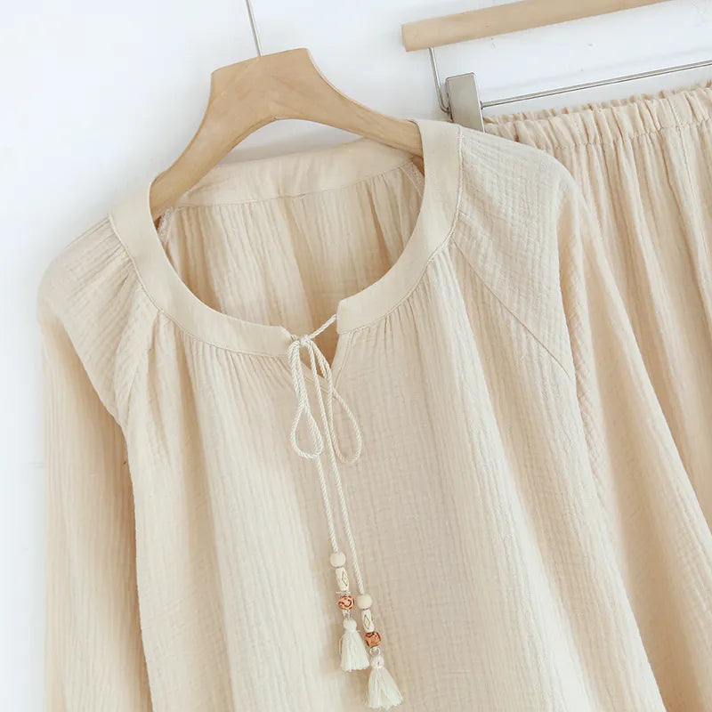 Comfortable Women's Pure Cotton Tassel Detail Home Wear Pajama Suit