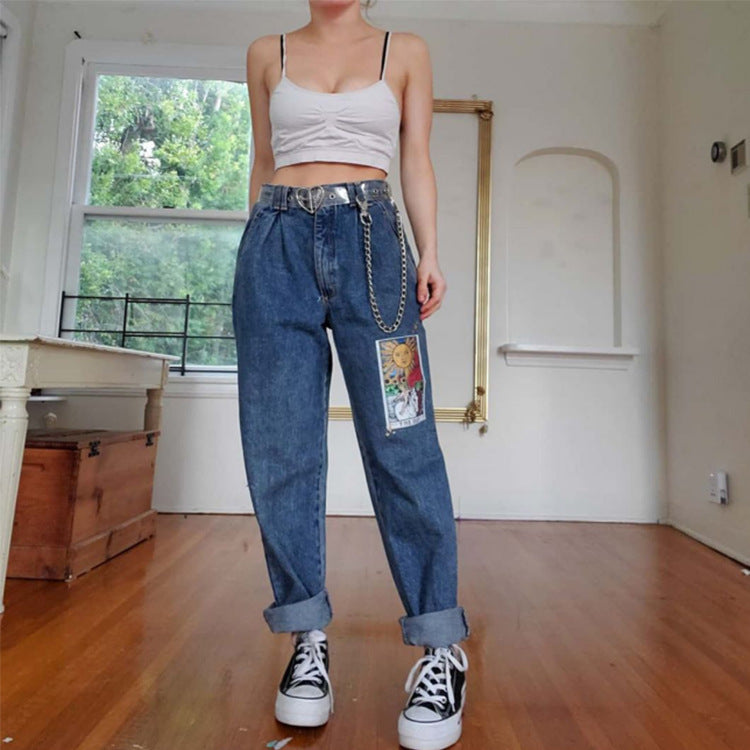 Women's loose printed blue trousers jeans