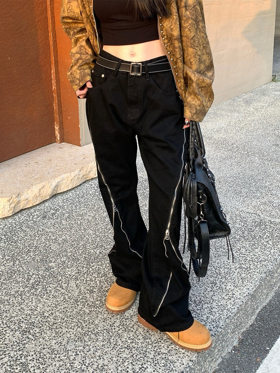 Black Baggy Zipper Jeans - Edgy Streetwear Style