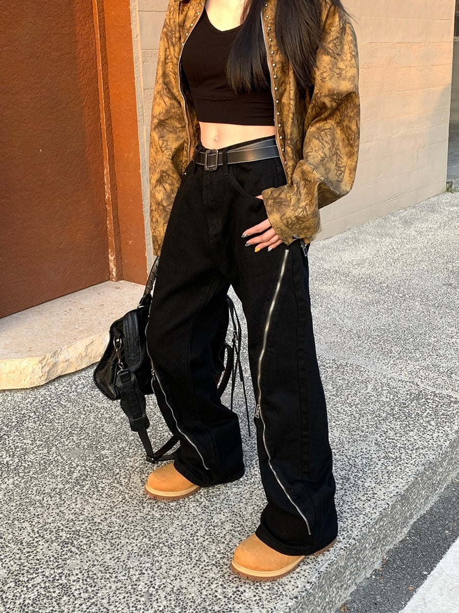 Black Baggy Zipper Jeans - Edgy Streetwear Style