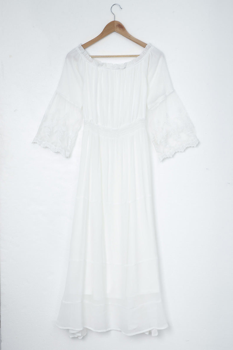 Fashionable Off Shoulder Ruffle Sleeve A Line Flowy Maxi Dress for Women