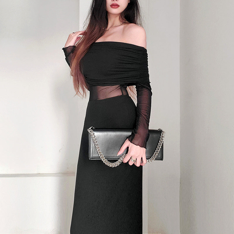 Chic Off-Shoulder Pleated Long Sleeve Maxi Dress