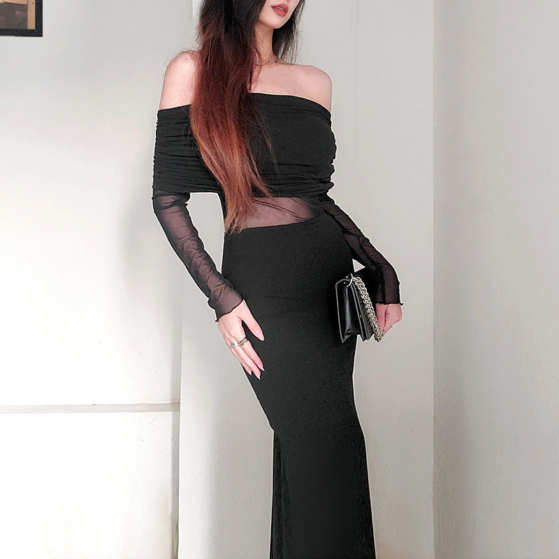 Chic Off-Shoulder Pleated Long Sleeve Maxi Dress