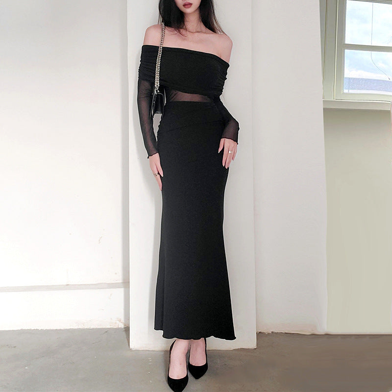 Chic Off-Shoulder Pleated Long Sleeve Maxi Dress