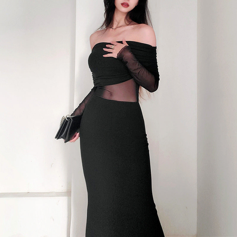 Chic Off-Shoulder Pleated Long Sleeve Maxi Dress