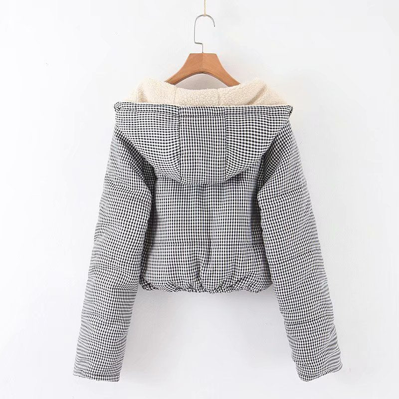 Chic Plaid Puffer Jacket with Cozy Faux Fur Collar and Hood