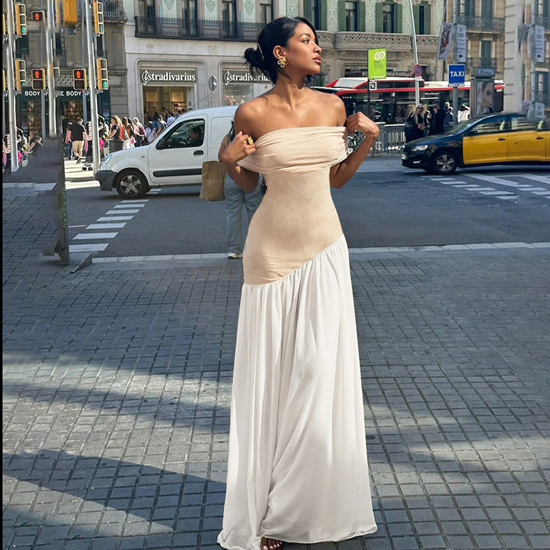 Women's Off-Shoulder Bodycon Dress - Color Contrast Fit