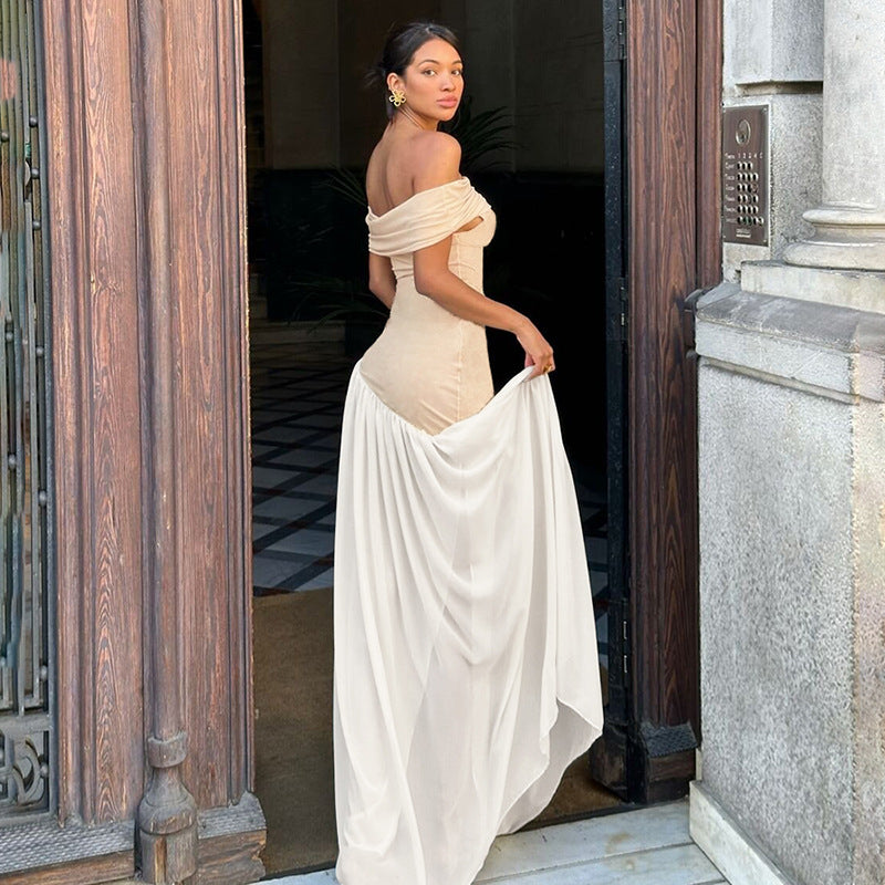 Women's Off-Shoulder Bodycon Dress - Color Contrast Fit