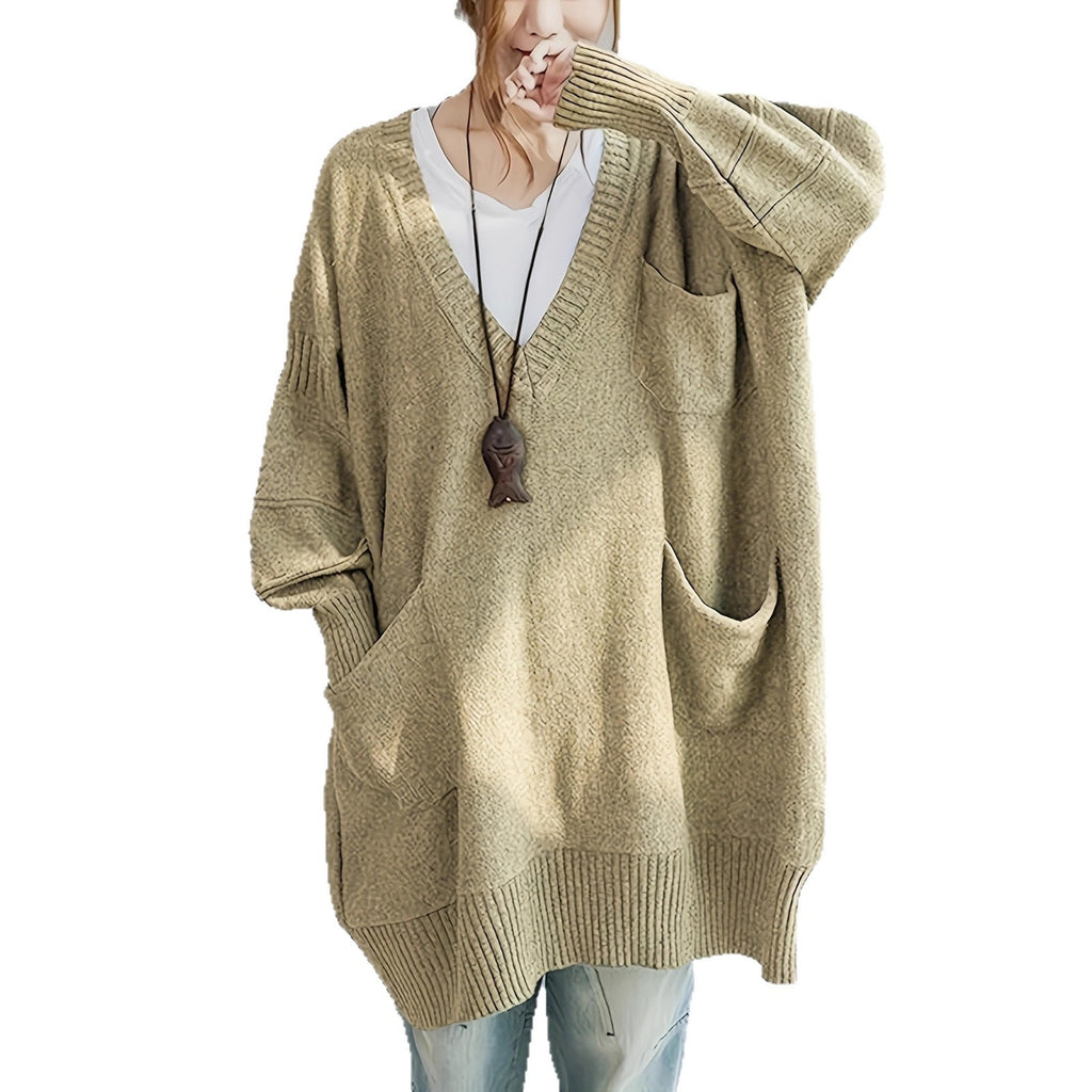 Comfortable Loose Fit V Neck Long Sleeve Pullover Sweater with Pockets
