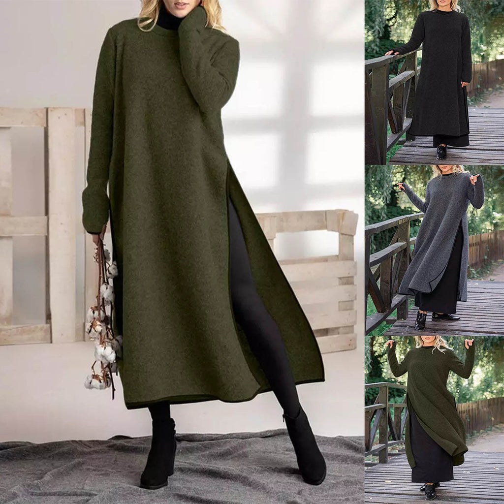 Relaxed Fit Long Sleeve Knit Maxi Dress with Side Slits