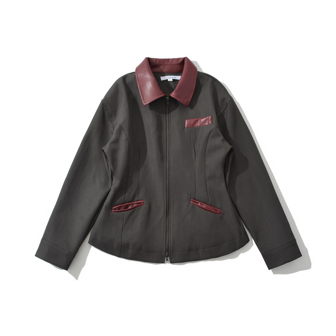 Retro Contrast Lapel Faux Leather Waist-Sculpting Biker Jacket with Zipper Detail