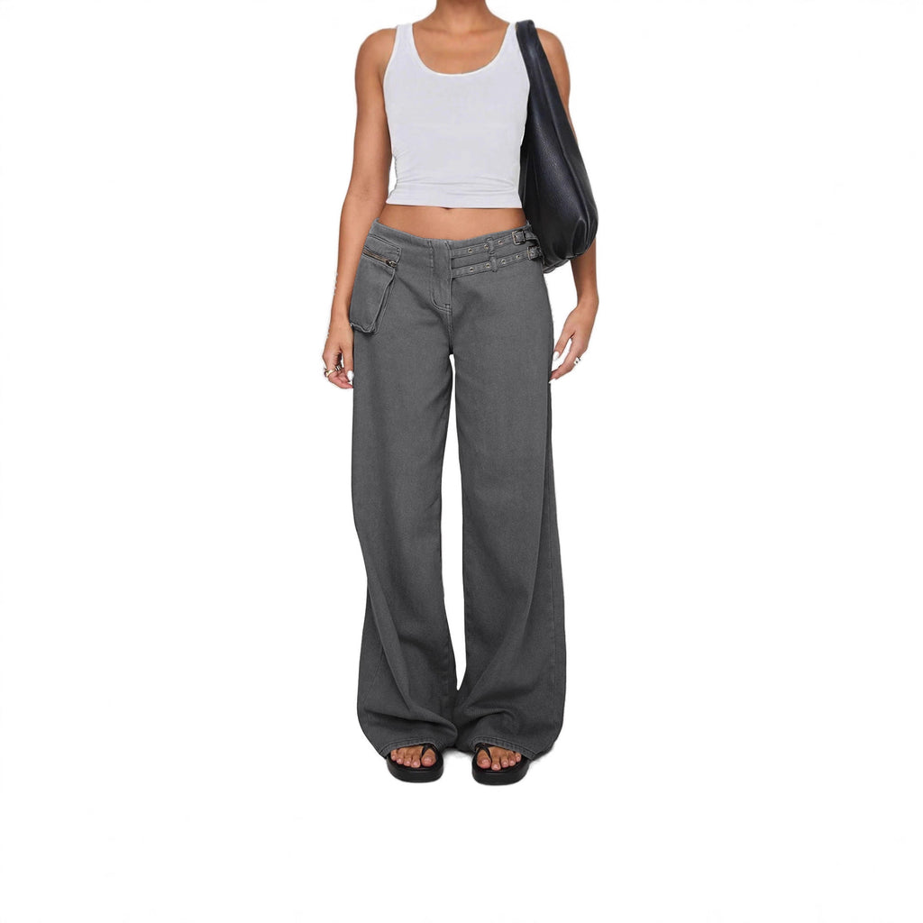 Trendy Street Style Wide Leg Jeans with Asymmetric Pocket and Unique Belt Detail