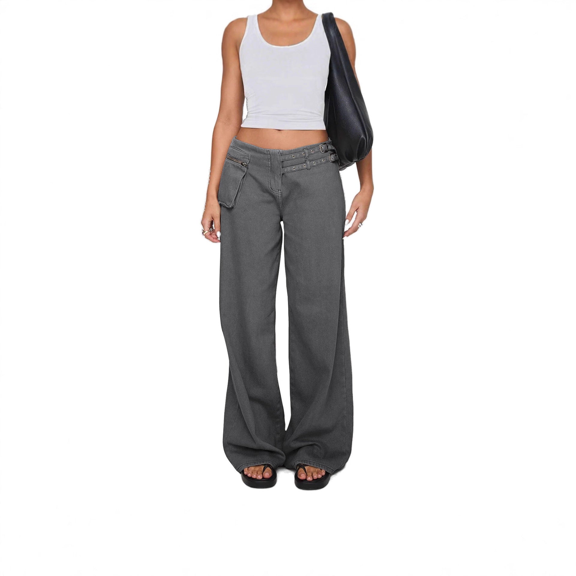 Trendy Street Style Wide Leg Jeans with Asymmetric Pocket and Unique Belt Detail