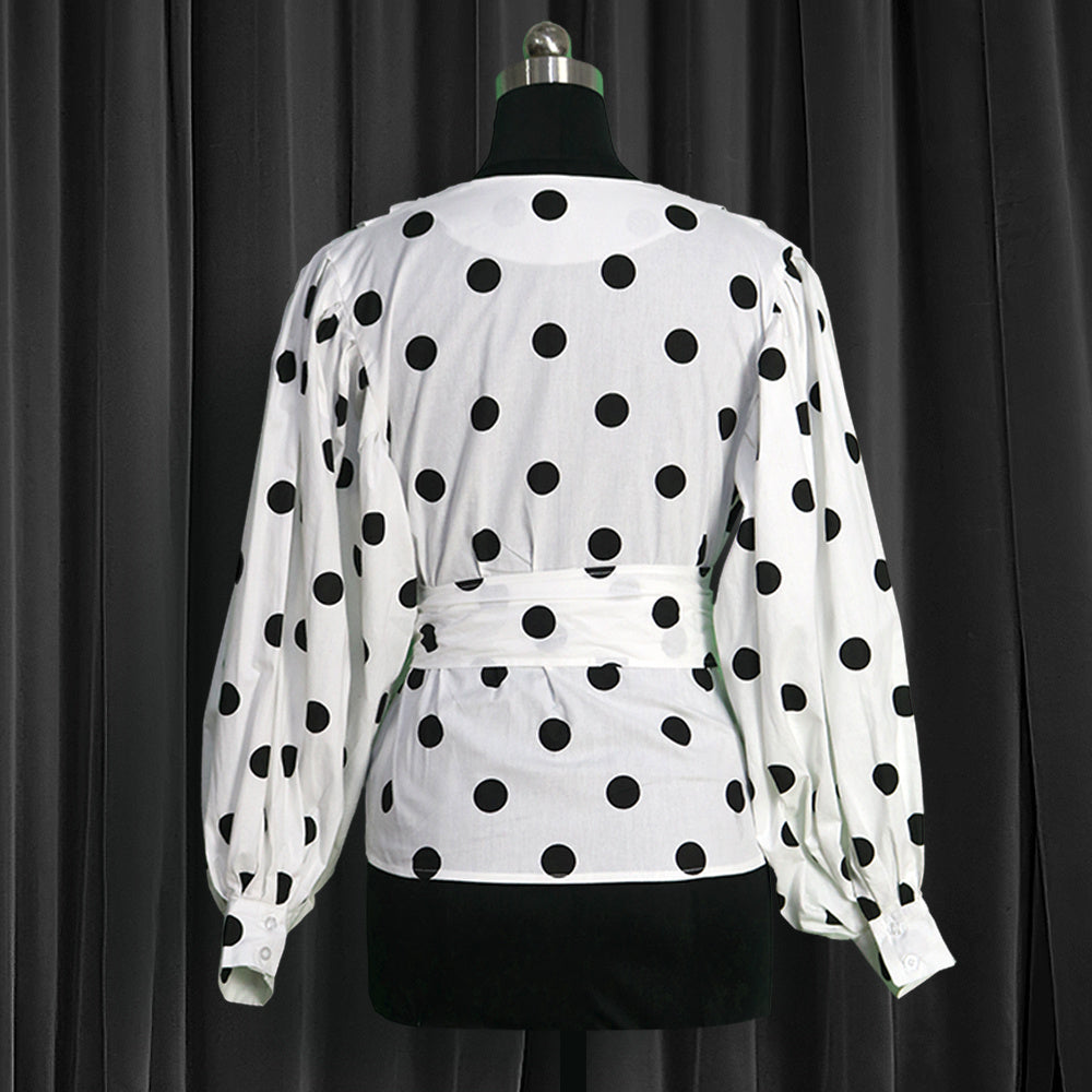 Chic Polka Dot Wrap Blouse with Puff Sleeves - Women's Long Sleeve Top