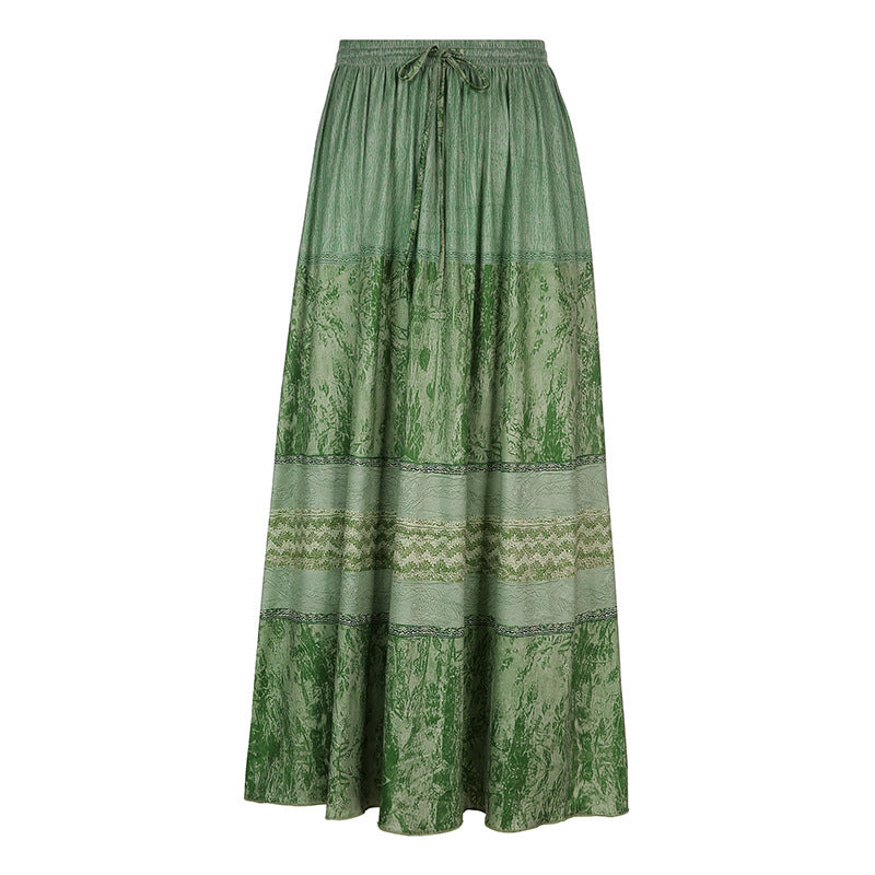 Bohemian Tiered Green Print Flowy Maxi Skirt with Elastic Drawstring Waist