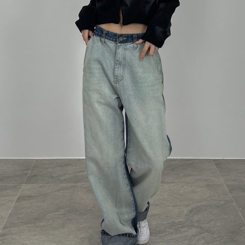 Washed Wide Leg Jeans - Contrast Stitch Denim