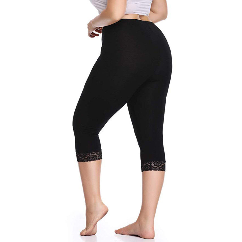 Comfortable Soft Milk Silk Capri Leggings with Delicate Lace Trim Detail