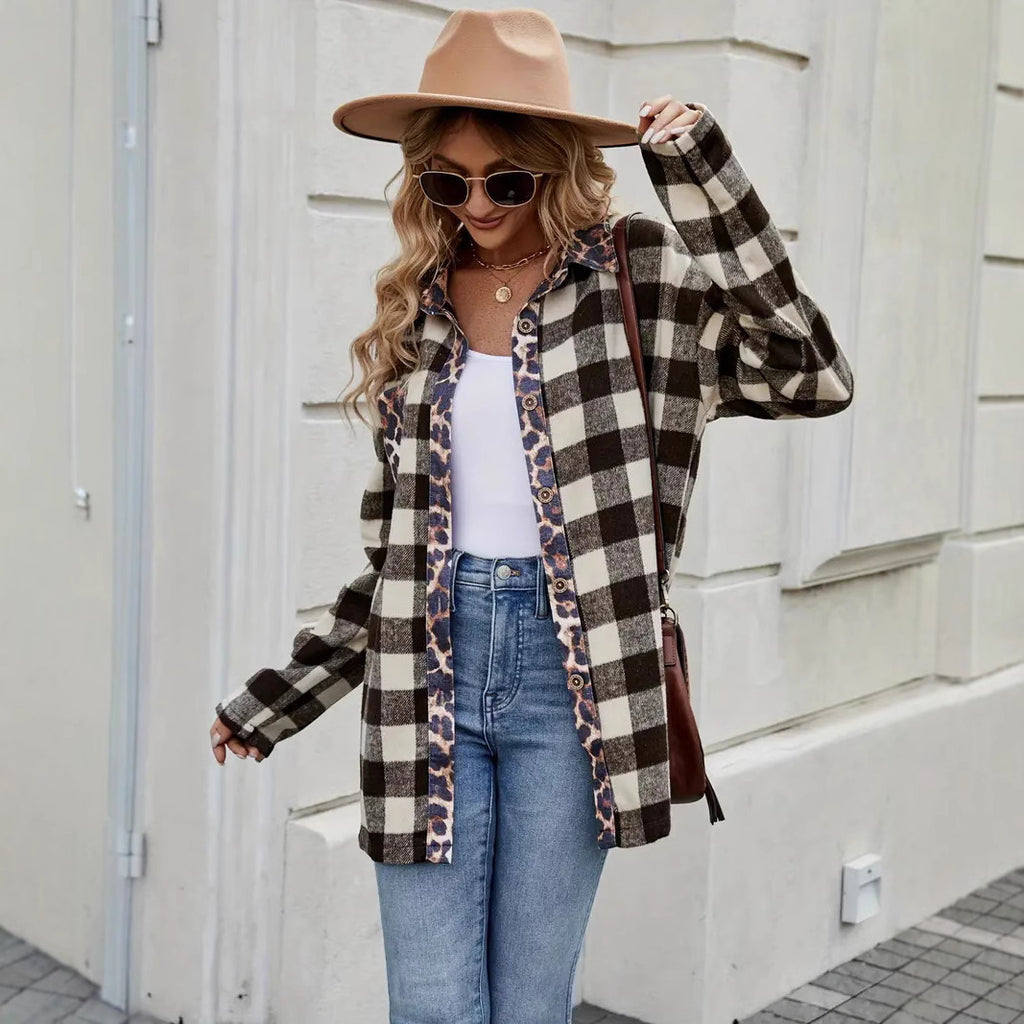 Stylish Oversized Plaid Long Sleeve Cardigan Shirt with Leopard Trim