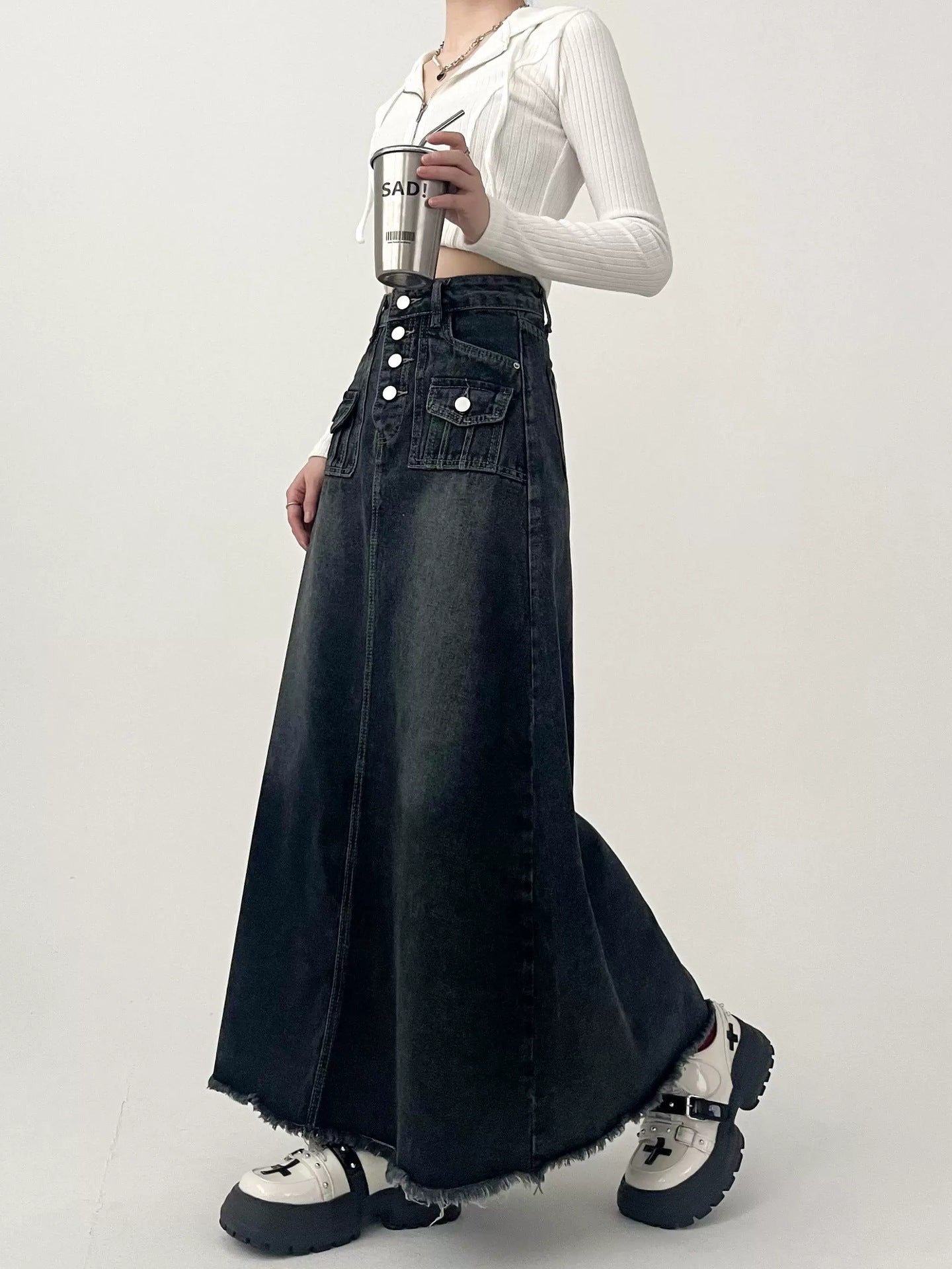 Fashionable Gradient A Line Denim Maxi Skirt with Front Buttons