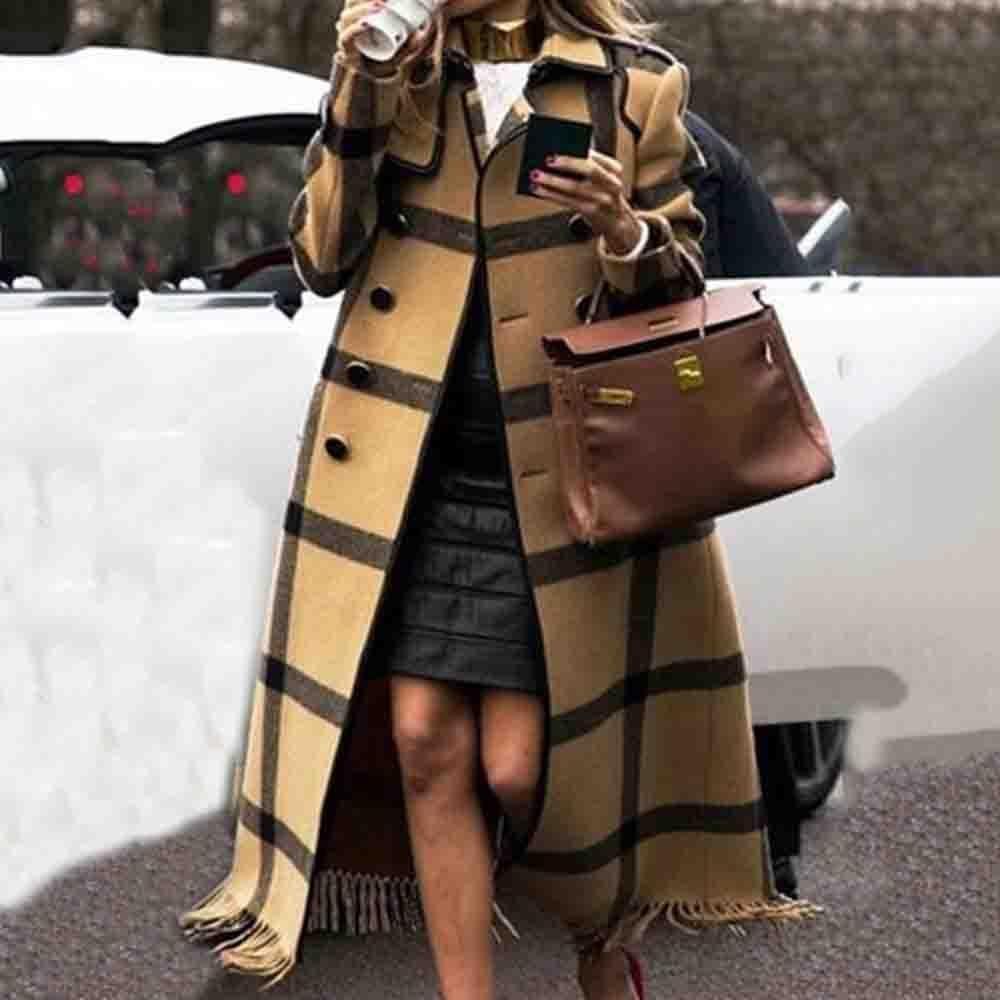 Women's Elegant Plaid Longline Trench Coat - Chic & Versatile Outerwear