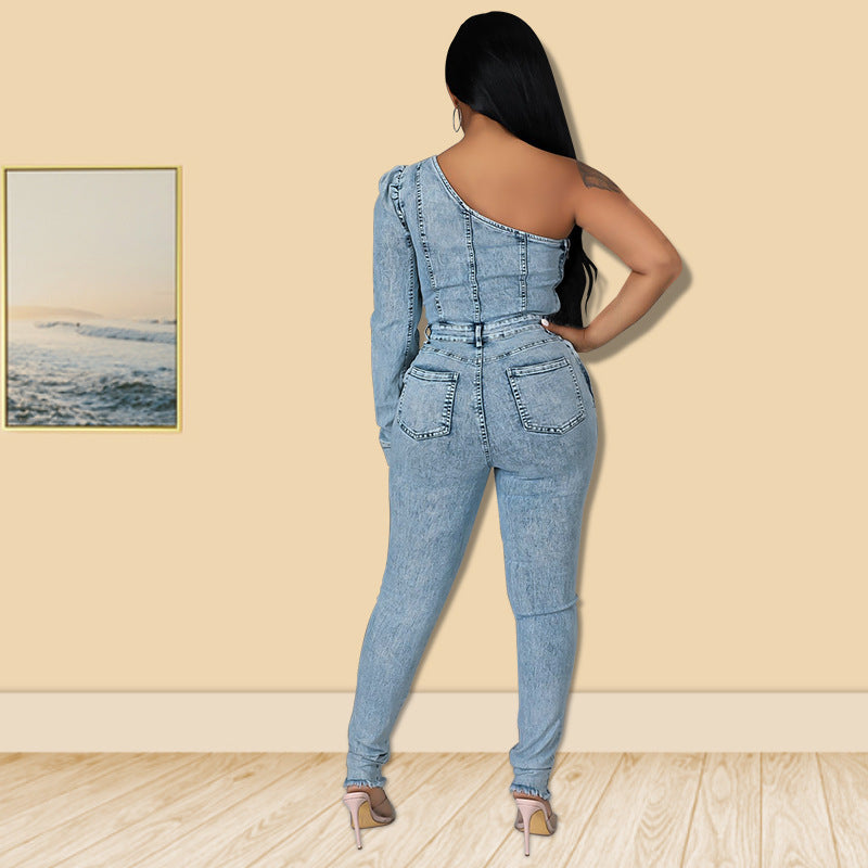 Stylish One-Shoulder Denim Jumpsuit - Light Blue Acid Wash