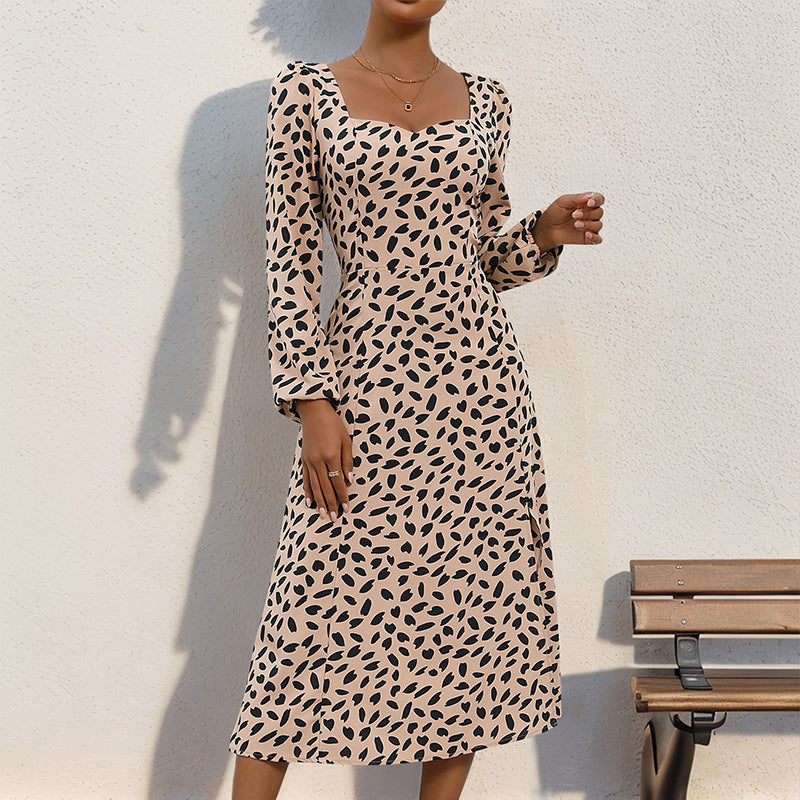 Chic Long Sleeve Leopard Print Midi Dress with Square Neckline