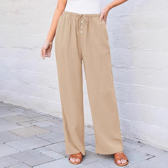 Women's High Waist Wide Leg Cotton Pants with Drawstring