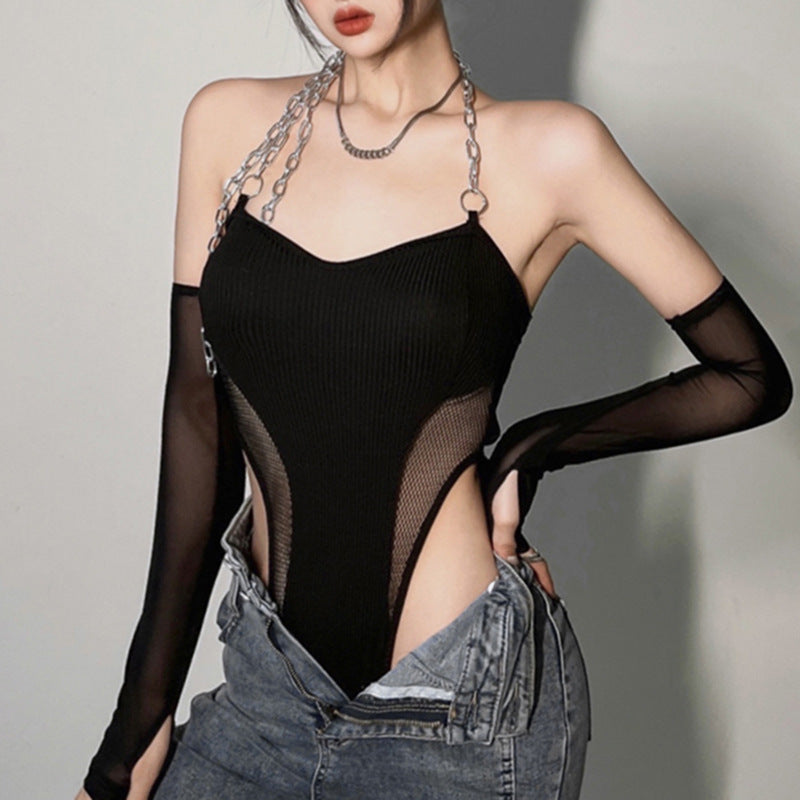 Sleek Black Chain Halter Bodysuit with Mesh Sleeves