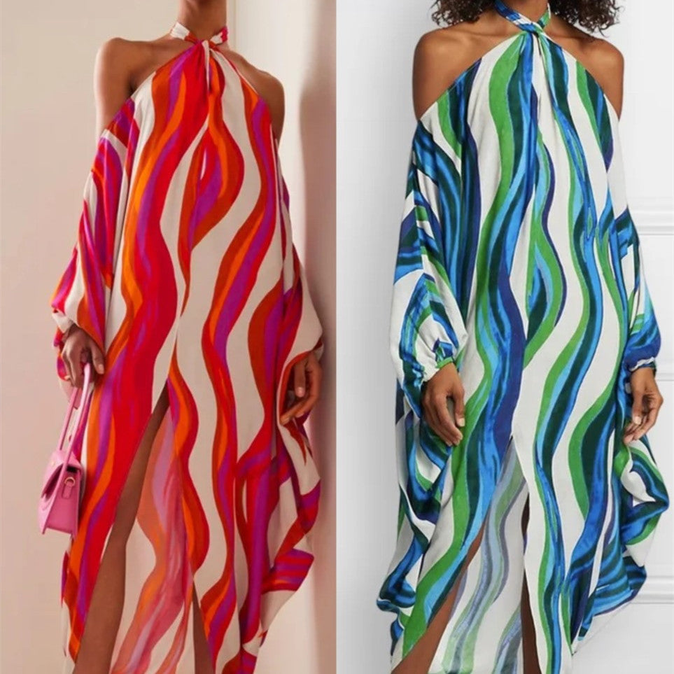 Vibrant Halter Neck Wavy Print Flowy Maxi Dress with Open Shoulder Sleeves
