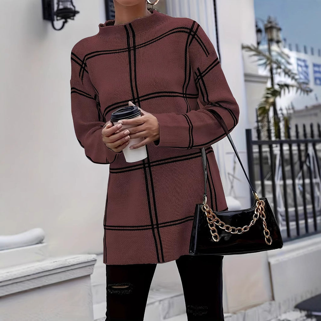 Elegant Grid Knit Mock Neck Long Sleeve Pullover Sweater Top