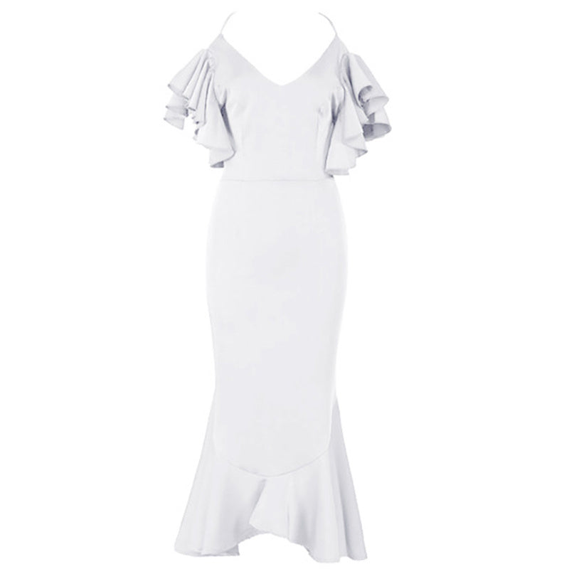 Elegant White V-Neck Backless Mermaid Evening Dress with Ruffle Details
