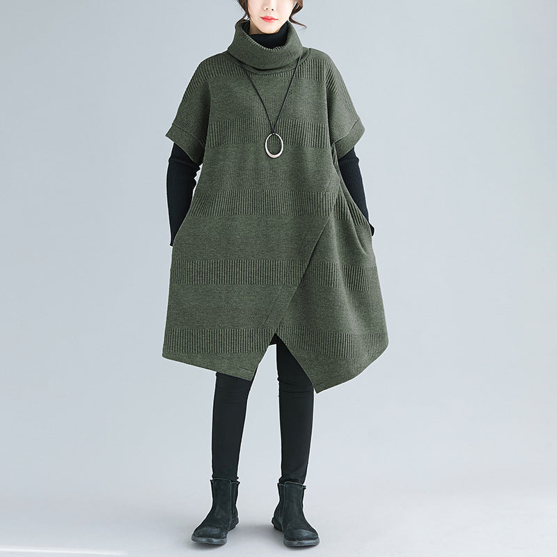 Comfortable Relaxed Fit Turtleneck Short Sleeve Irregular Hem Tunic Dress