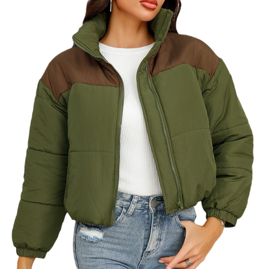 Chic Two Tone Cropped Puffer Jacket with Stand Collar and Functional Pockets