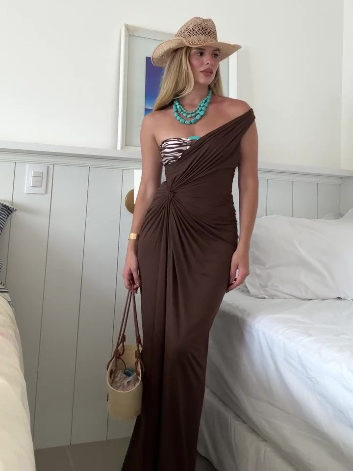 Elegant Off-Shoulder Twist Slit Maxi Dress - Vacation Ready