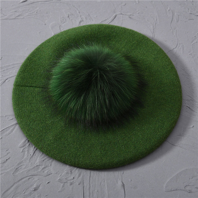 Women's Wool Beret with Real Raccoon Fur Pom Pom