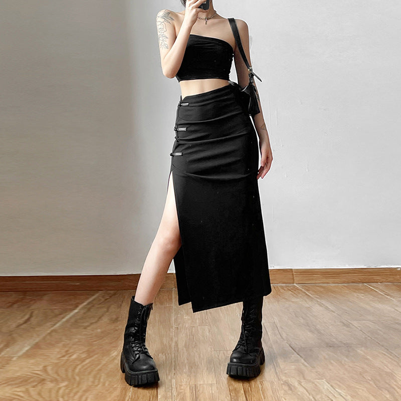 Chic Black High Waist Long Skirt with Statement Side Slit and Button Accents