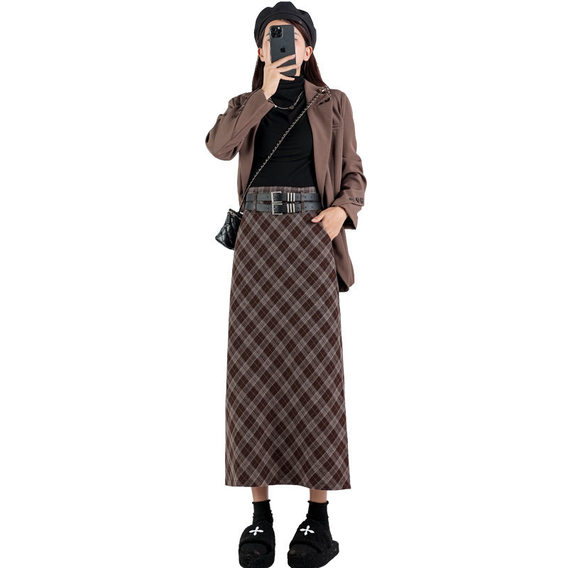 High Waist Plaid Split A Line Midi Skirt College Style