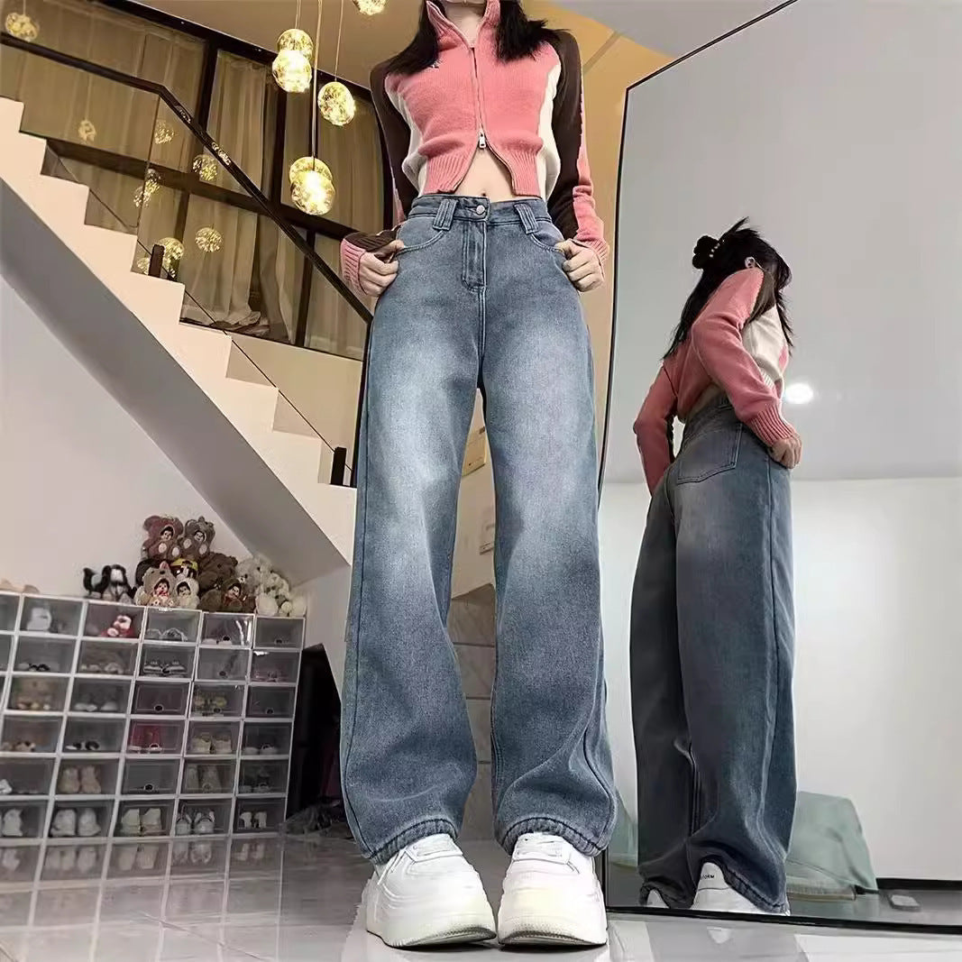Cozy Fleece-Lined High Waist Baggy Jeans for Women