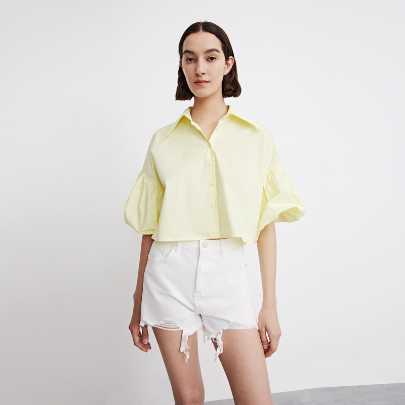 Chic Womens Retro Temperament Cropped Puff Sleeve Button Up Blouse Perfect for Summer Style