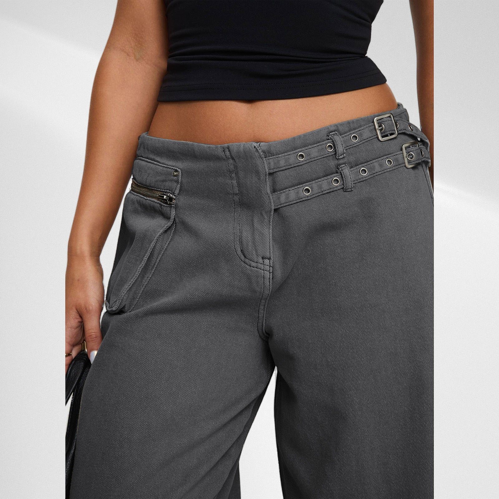 Trendy Street Style Wide Leg Jeans with Asymmetric Pocket and Unique Belt Detail