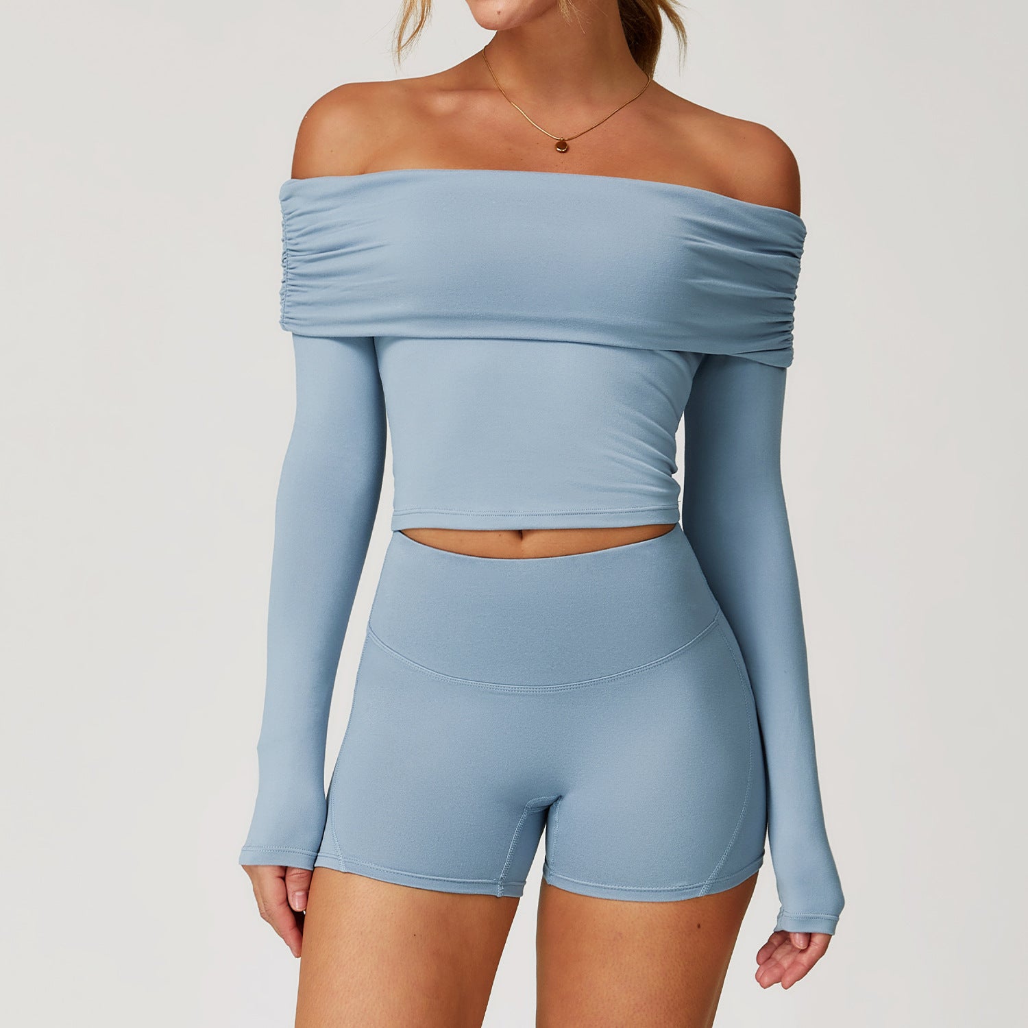 Effortless Off Shoulder Long Sleeve Crop Top and High Waist Shorts Set