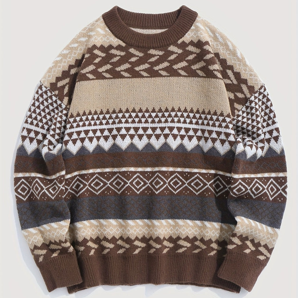 Cozy Long Sleeve Crew Neck Geometric Pattern Knit Pullover