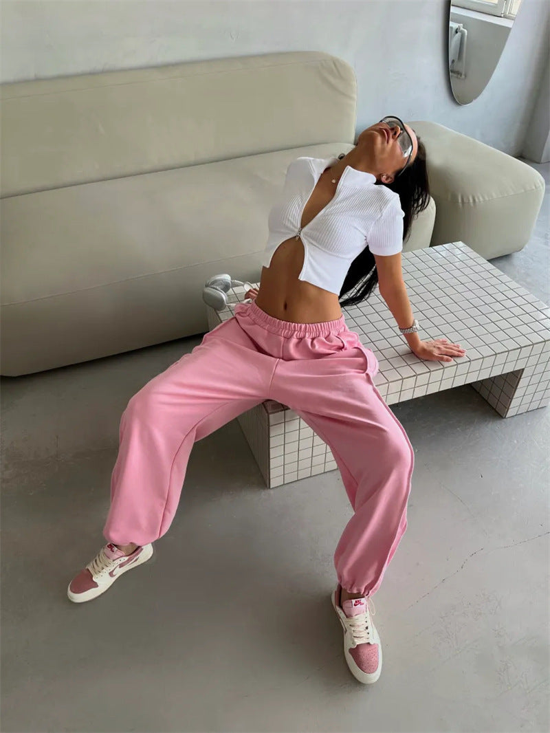 Effortless Street Style Wide Leg Elastic Waist Joggers for Women