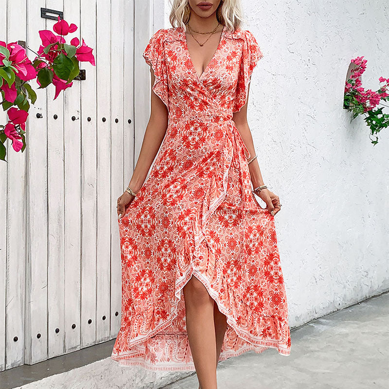 Bohemian Floral Wrap Midi Dress - V-Neck Ruffle Sleeve